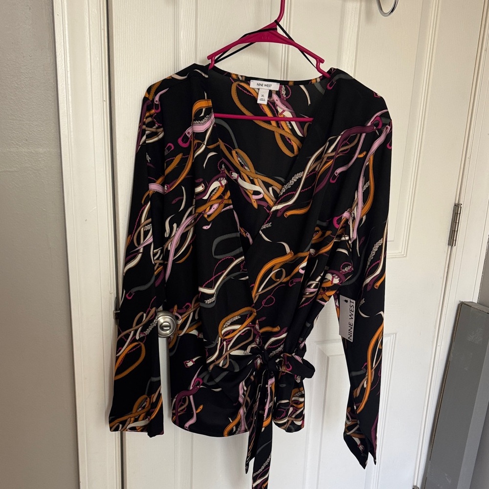 Nine West Black Blouse with Pink and Orange Swirl Pattern
